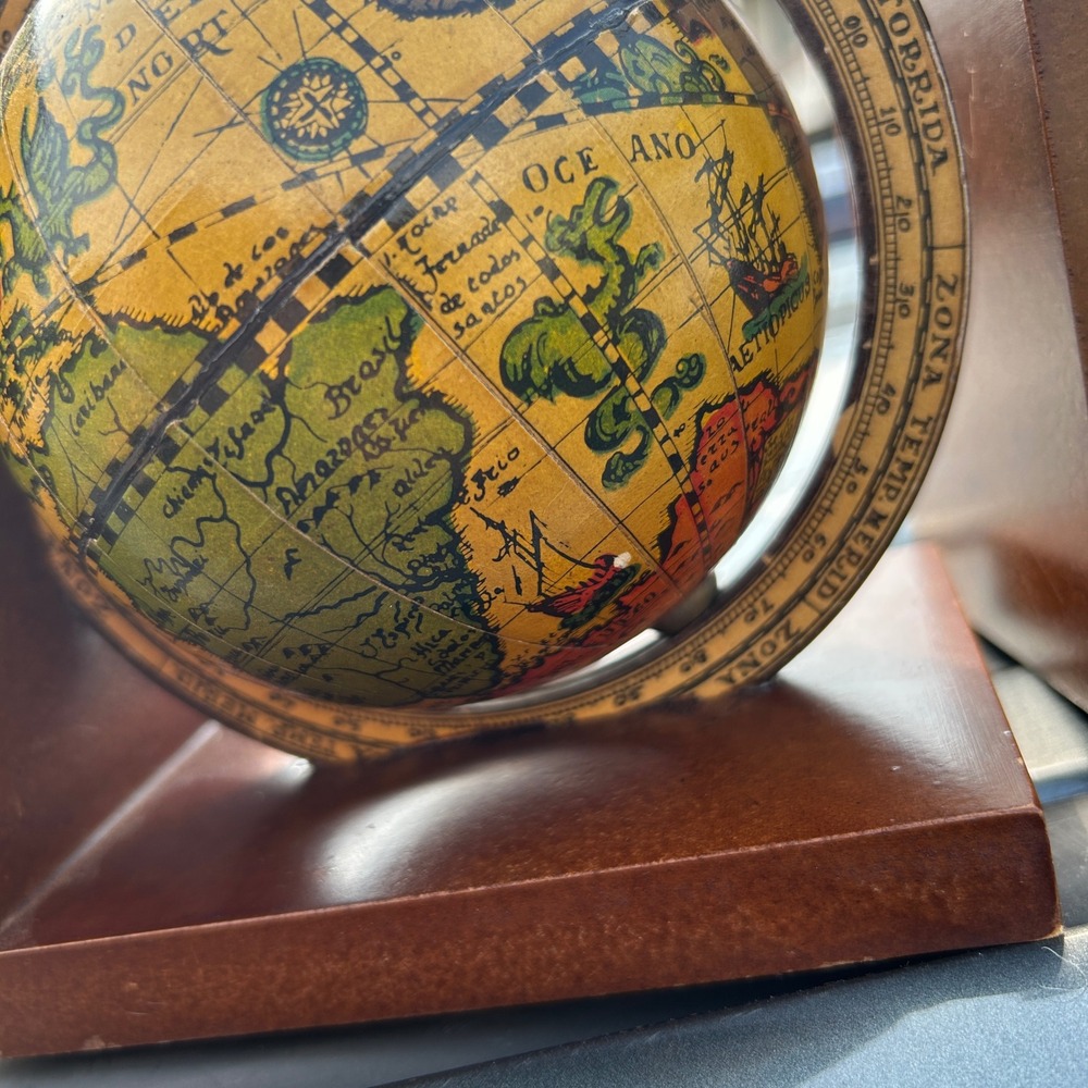 Vintage Made in Italy Globe Bookends Wood Nautical Old World Map Decor Set - Picture 6 of 6